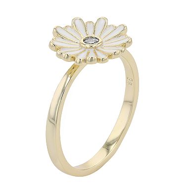 14k Yellow Gold Plated Cubic Zirconia White Enamel Daisy Flower Ring