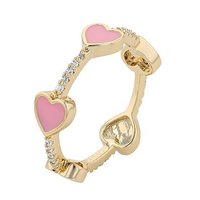 Gold Tone Cubic Zirconia Pink Enamel Heart Stacking Ring