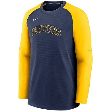 Men's Nike Navy/Gold Milwaukee Brewers Authentic Collection Pregame Performance Raglan Pullover Sweatshirt