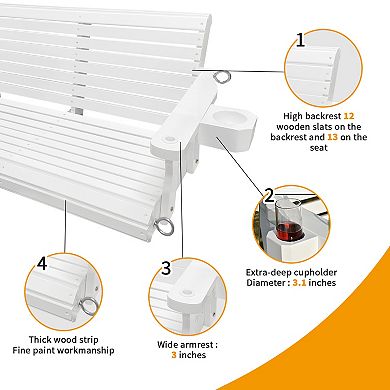 Wooden Porch Swing 3-seater, Bench Swing With Cupholders, Hanging Chains And 7mm Springs