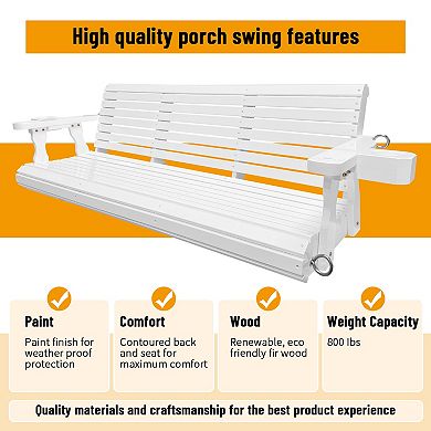 Wooden Porch Swing 3-seater, Bench Swing With Cupholders, Hanging Chains And 7mm Springs