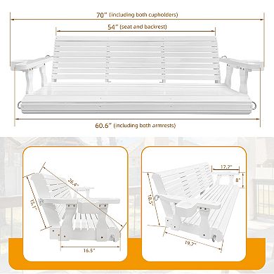 Wooden Porch Swing 3-seater, Bench Swing With Cupholders, Hanging Chains And 7mm Springs