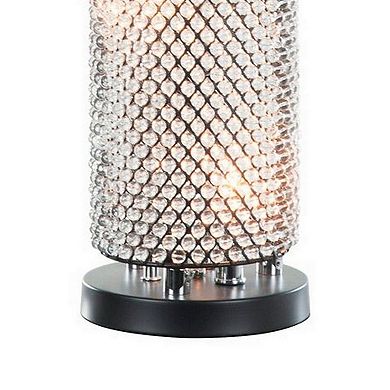 16 Inch Table Lamp, Crystal Cylinder Shade, Metal Mesh, Antique Bronze