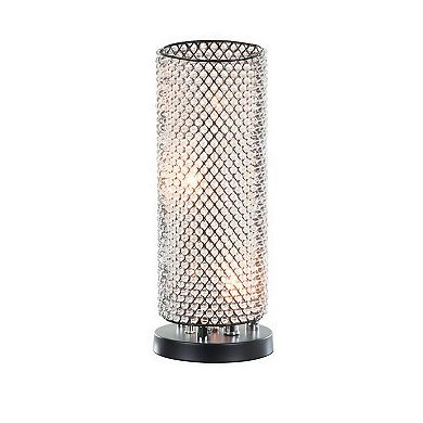 16 Inch Table Lamp, Crystal Cylinder Shade, Metal Mesh, Antique Bronze
