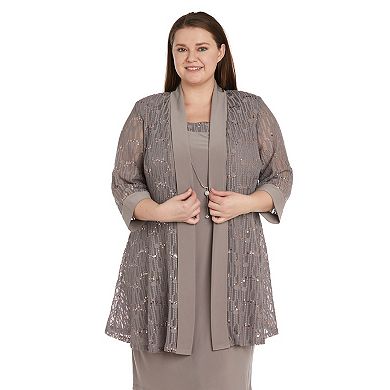 Plus Size R&M Richards Sheer Lacey Sequined Cardigan & A-Line Midi Dress Set with Necklace
