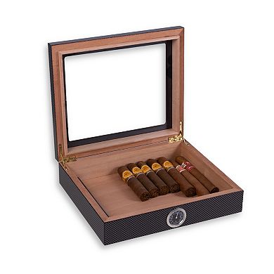 Bey-Berk Carbon Fiber Design 20 Cigar Humidor with Glass Viewing Top & Cedar Lining