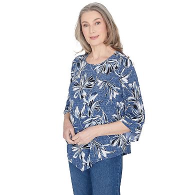 Petite Alfred Dunner Elegant Floral Print 3/4-Sleeve Top with Necklace