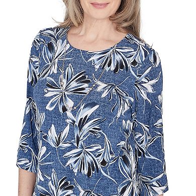 Petite Alfred Dunner Elegant Floral Print 3/4-Sleeve Top with Necklace