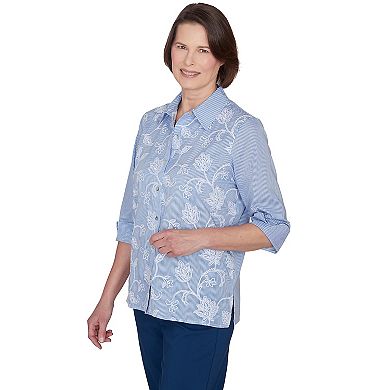 Petite Alfred Dunner Floral Embroidered Pinstripe Button Down Shirt