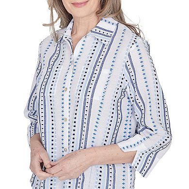 Petite Alfred Dunner Jacquard Striped Collared Button Down Shirt