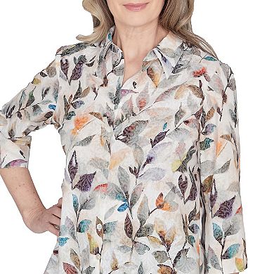 Petite Alfred Dunner Allover Watercolor Leaves Print Button Down Shirt