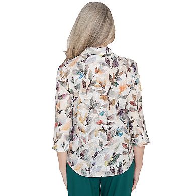 Petite Alfred Dunner Allover Watercolor Leaves Print Button Down Shirt