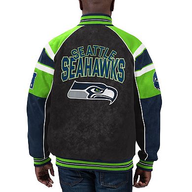 Men's G-III Sports by Carl Banks  Black Seattle Seahawks Faux Suede Raglan Full-Zip Varsity Jacket