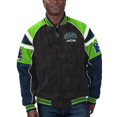 Men's G-III Sports by Carl Banks  Black Seattle Seahawks Faux Suede Raglan Full-Zip Varsity Jacket
