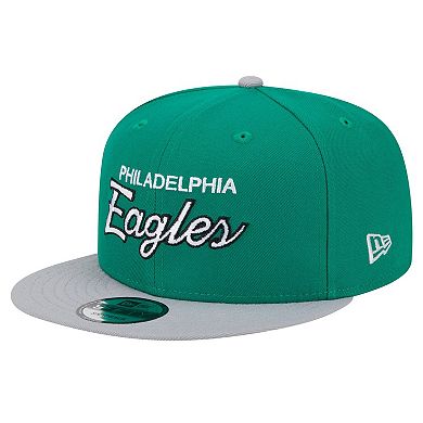 Men's New Era Kelly Green/Silver Philadelphia Eagles Historic Script 9FIFTY Snapback Hat