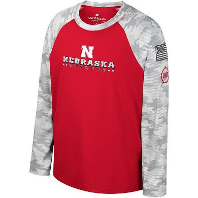 Youth Colosseum Scarlet/Camo Nebraska Huskers OHT Military Appreciation Dark Star Raglan Long Sleeve T-Shirt