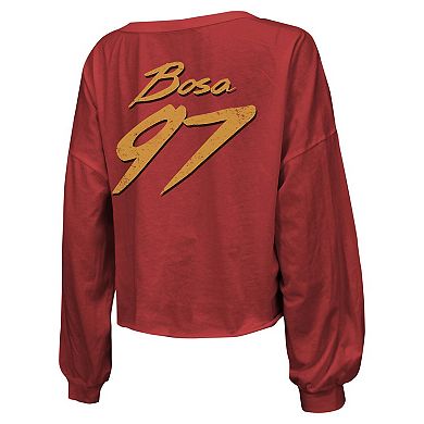 Women's Majestic Threads Nick Bosa Scarlet San Francisco 49ers Name & Number Script Off-Shoulder Cropped Long Sleeve T-Shirt
