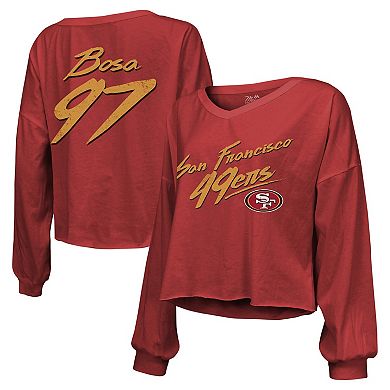 Women's Majestic Threads Nick Bosa Scarlet San Francisco 49ers Name & Number Script Off-Shoulder Cropped Long Sleeve T-Shirt
