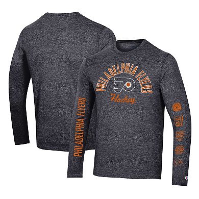 Men's Champion Heather Black Philadelphia Flyers Multi-Logo Tri-Blend Long Sleeve T-Shirt