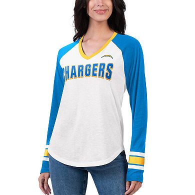 Women's G-III 4Her by Carl Banks White/Powder Blue Los Angeles Chargers Top Team Raglan V-Neck Long Sleeve T-Shirt