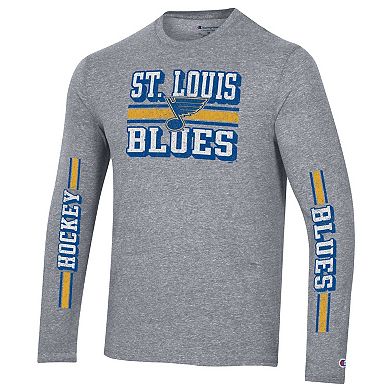 Men's Champion Heather Gray St. Louis Blues Tri-Blend Dual-Stripe Long Sleeve T-Shirt