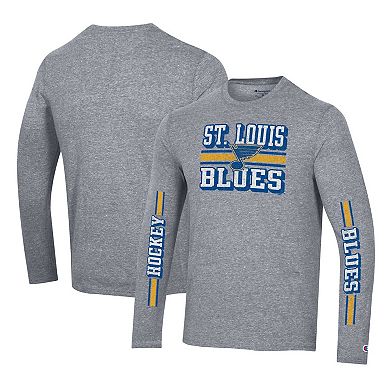 Men's Champion Heather Gray St. Louis Blues Tri-Blend Dual-Stripe Long Sleeve T-Shirt