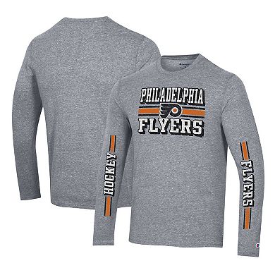 Men's Champion Heather Gray Philadelphia Flyers Tri-Blend Dual-Stripe Long Sleeve T-Shirt
