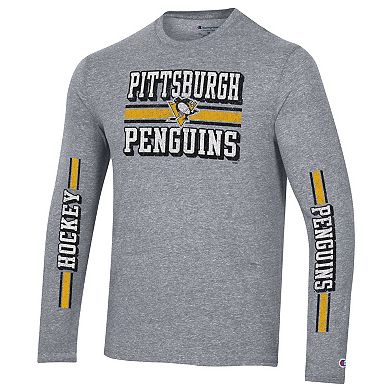 Men's Champion Heather Gray Pittsburgh Penguins Tri-Blend Dual-Stripe Long Sleeve T-Shirt