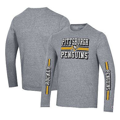 Men's Champion Heather Gray Pittsburgh Penguins Tri-Blend Dual-Stripe Long Sleeve T-Shirt