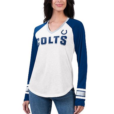 Women's G-III 4Her by Carl Banks White/Royal Indianapolis Colts Top Team Raglan V-Neck Long Sleeve T-Shirt