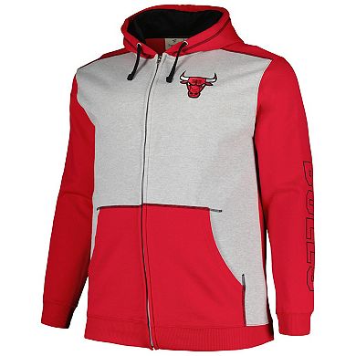 Men's Fanatics Branded Red/Heather Gray Chicago Bulls Big & Tall Contrast Pieced Stitched Full-Zip Hoodie