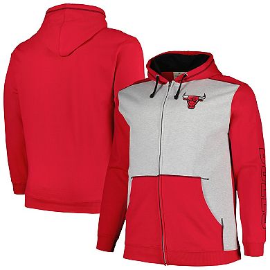 Men's Fanatics Branded Red/Heather Gray Chicago Bulls Big & Tall Contrast Pieced Stitched Full-Zip Hoodie