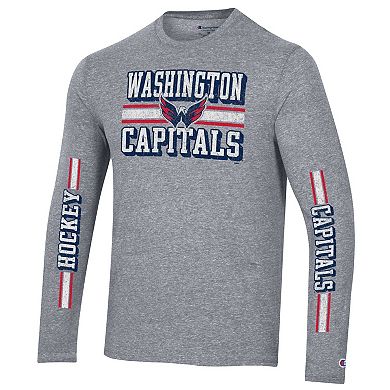Men's Champion Heather Gray Washington Capitals Tri-Blend Dual-Stripe Long Sleeve T-Shirt