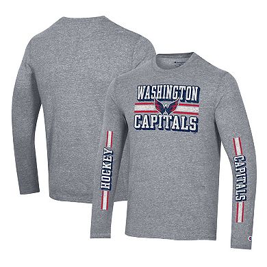 Men's Champion Heather Gray Washington Capitals Tri-Blend Dual-Stripe Long Sleeve T-Shirt