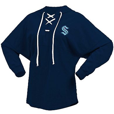 Women's Fanatics Branded Deep Sea Blue Seattle Kraken Jersey Lace-Up V-Neck Long Sleeve Hoodie T-Shirt