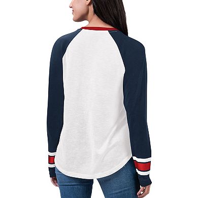 Women's G-III 4Her by Carl Banks White/Navy New England Patriots Top Team Raglan V-Neck Long Sleeve T-Shirt
