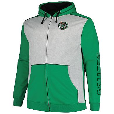 Men's Fanatics Branded Kelly Green/Heather Gray Boston Celtics Big & Tall Contrast Pieced Stitched Full-Zip Hoodie