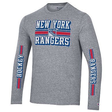 Men's Champion Heather Gray New York Rangers Tri-Blend Dual-Stripe Long Sleeve T-Shirt