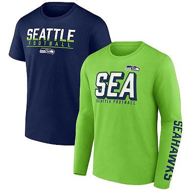 Men's Fanatics Branded Neon Green/College Navy Seattle Seahawks Two-Pack T-Shirt Combo Set