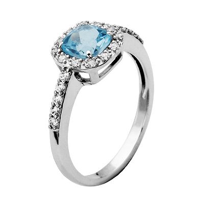 Sterling Silver Blue Topaz & Cubic Zirconia Halo Ring