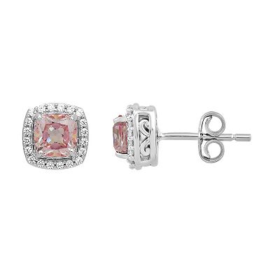 Renaissance Collection Sterling Silver Morganite & Cubic Zirconia Haloed Cushion Stud Earrings