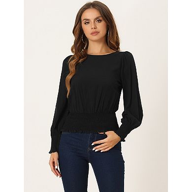 Women's Long Sleeve Round Neck Smock Waist Blouse Tops