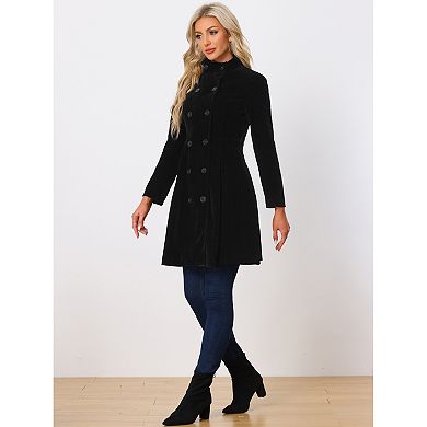 Velvet A-line Coat For Women's Stand Collar Double Breasted Winter Trench Coats