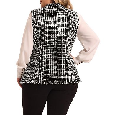Plus Size Vest For Women Plaid Button Open Front V Neck Sleeveless Blazer Jacket Outwear