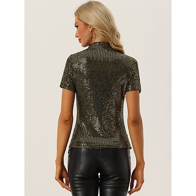 Women's Sequin Top Short Sleeve Mock Neck Sparkly Party Blouse