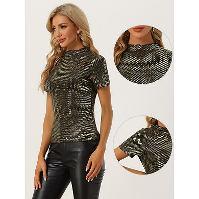 Women's Sequin Top Short Sleeve Mock Neck Sparkly Party Blouse