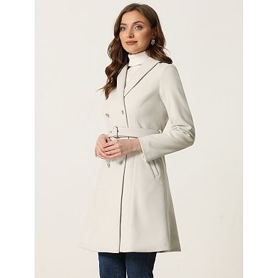 Double Breasted Winter Coat For Women Flat Collar Belted Pockets