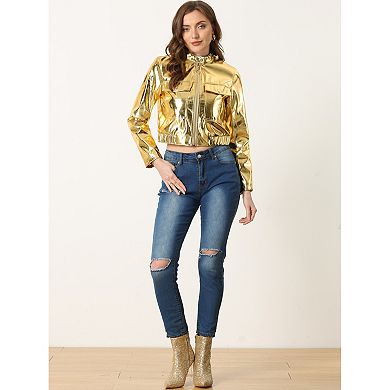 Metallic Cropped Jacket For Women's Stand Collar Zip Up Shiny Biker Holographic Jackets
