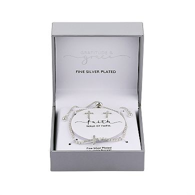 Gratitude & Grace Fine Silver Plated Cubic Zirconia Cross Adjustable Bracelet & Stud Earrings Set