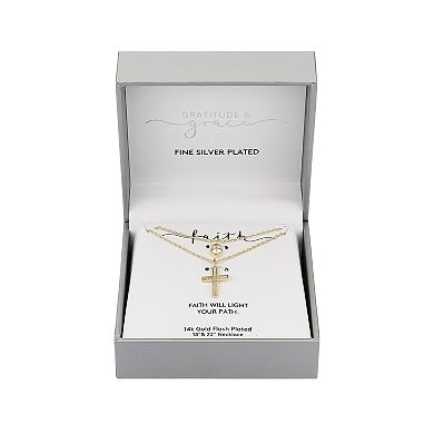 Gratitude & Grace 14k Gold Plated Cubic Zirconia Cross and Bezel Layered Pendant Necklace